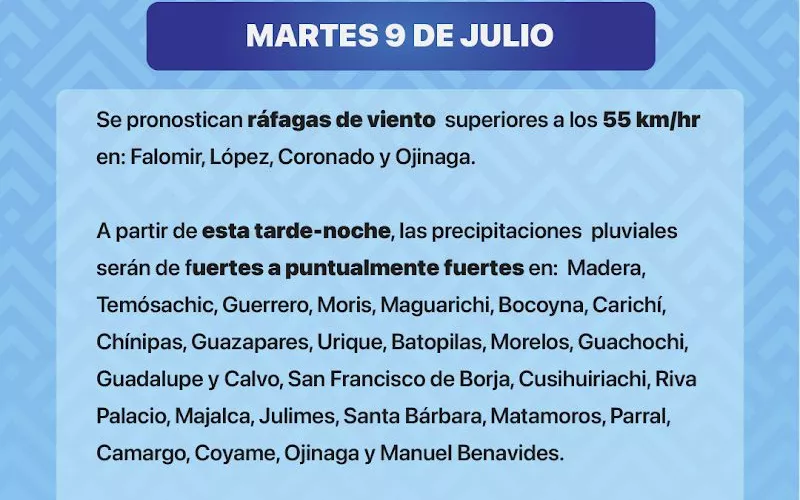 PARA MARTES Y MIÉRCOLES, SE PREVÉN RÁFAGAS DE VIENTO SUPERIORES A 55 KM/H EN ALDAMA, LÓPEZ, CORONADO Y OJINAGA.