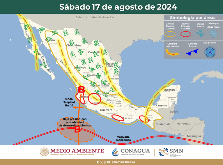  LLUVIAS FUERTES CON DESCARGAS ELÉCTRICAS Y POSIBLE CAÍDA DE GRANIZO EN SONORA, CHIHUAHUA, DURANGO Y SINALOA