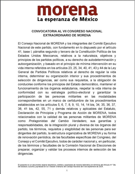 MORENA ELEGIRÁ EL 22 DE SEPTIEMBRE A SU NUEVO DIRIGENTE NACIONAL