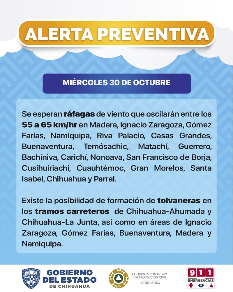 ALERTA PROTECCIÓN CIVIL POR FUERTES VIENTOS Y DESCENSO DE TEMPERATURAS EN LAS PRÓXIMAS HORAS