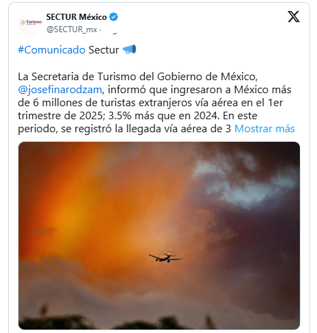 MÉXICO RECIBE 6.12 MILLONES DE TURISTAS EXTRANJEROS VÍA AÉREA DE ENERO A MARZO DE 2025