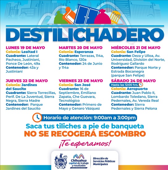 VISITARÁ PROGRAMA DESTILICHADERO SEIS COLONIAS DEL 19 AL 24 DE MAYO  