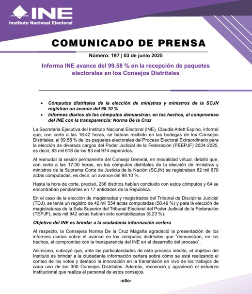 INE INFORMA AVANCE DEL 99.58 % EN LA RECEPCIÓN DE PAQUETES ELECTORALES EN LOS CONSEJOS DISTRITALES