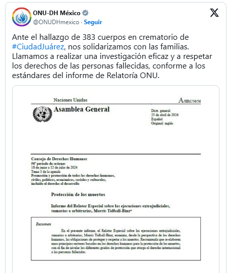 ONU-DH PIDE “INVESTIGACIÓN EFICAZ” EN HALLAZGO DE 383 CUERPOS EN CREMATORIO DE CHIHUAHUA