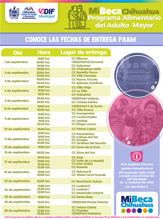 ESTE ES EL CALENDARIO DE SEPTIEMBRE PARA LA ENTREGA DEL PAAM: DIF MUNICIPAL