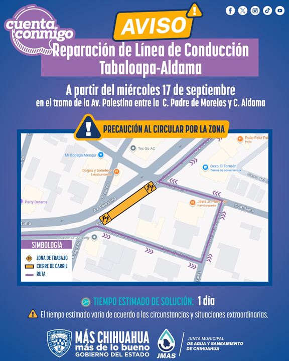 REPARARÁ JMAS CHIHUAHUA CONDUCCIÓN TABALAOPA-ALDAMA ESTE MIÉRCOLES