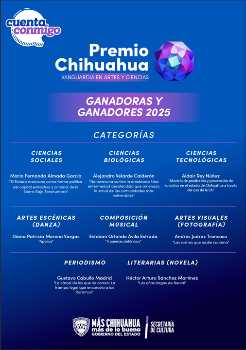 ANUNCIA ESTADO GANADORES DEL PREMIO CHIHUAHUA VANGUARDIA EN ARTES Y CIENCIAS