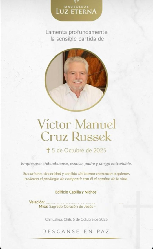 LAS EXEQUIAS DEL SEÑOR VÍCTOR CRUZ RUSSEK SE REALIZARÁN DE MANERA PRIVADA