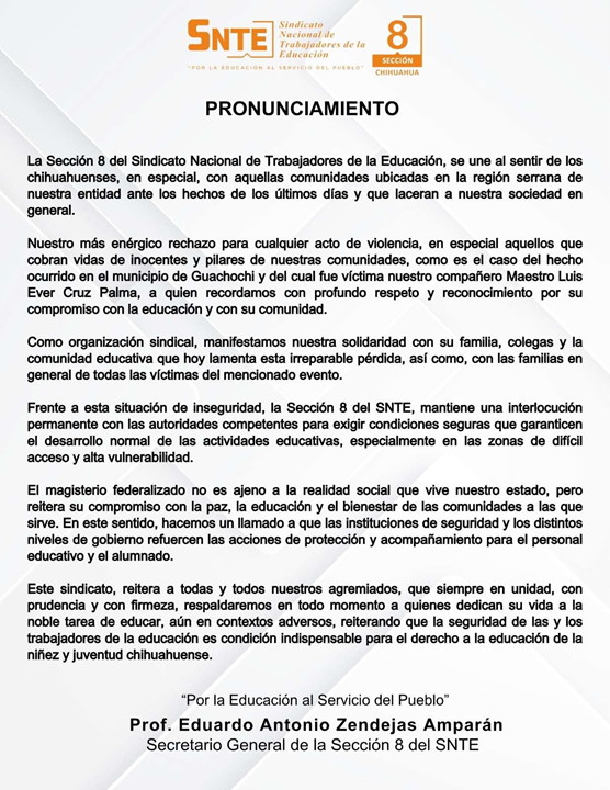 RECHAZA SNTE VIOLENCIA EN LA SIERRA ANTE ASESINATO DE MAESTRO EN GUACHOCHI