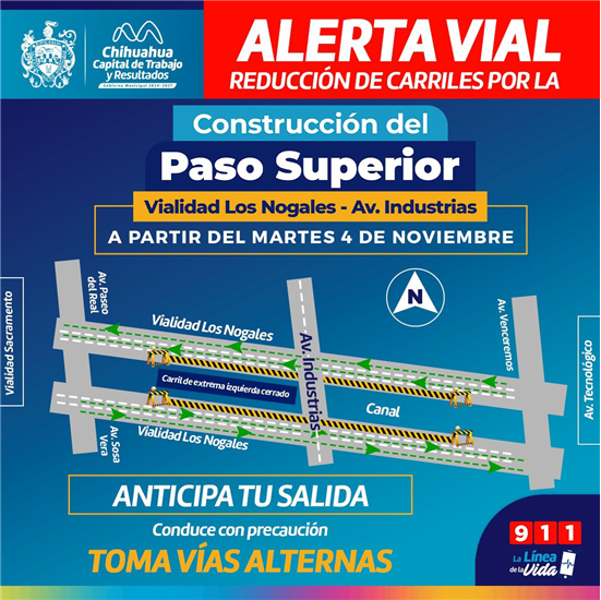 ¡ALERTA VIAL! HABRÁ REDUCCIÓN A DOS CARRILES POR CONSTRUCCIÓN DE PASO SUPERIOR VIALIDAD LOS NOGALES