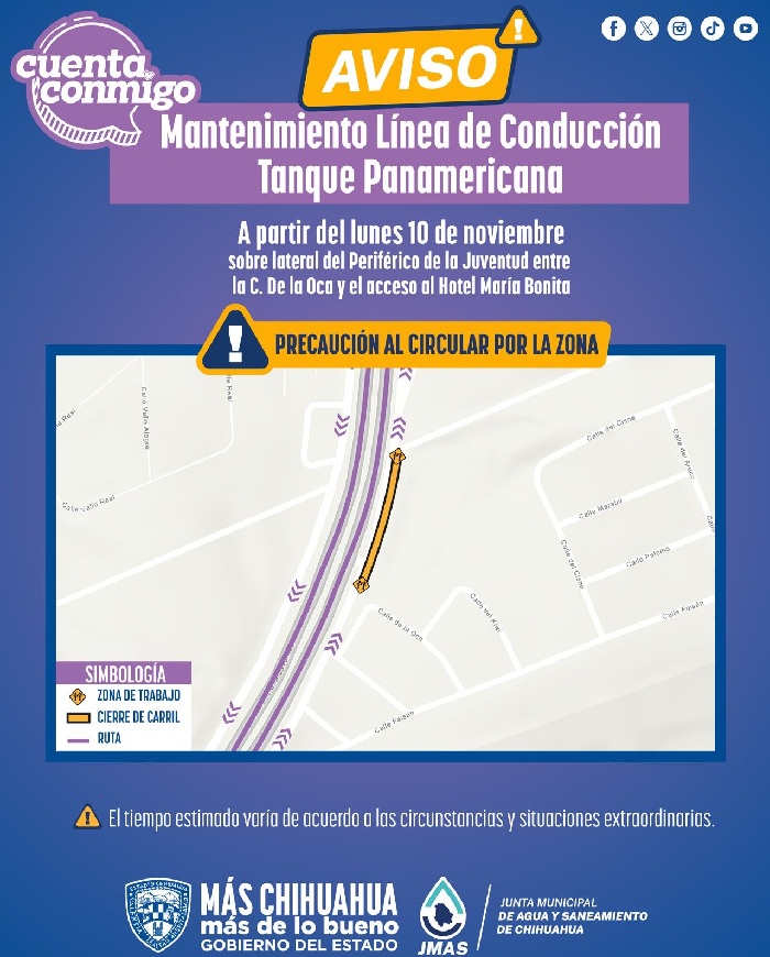 REUBICARÁ JMAS CHIHUAHUA LÍNEA DE CONDUCCIÓN DEL TANQUE PANAMERICANA ESTE LUNES