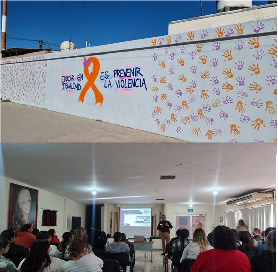 ESTUDIANTES DE TRABAJO SOCIAL PINTAN MURAL Y RECIBEN TALLER DE LA POLICÍA MUNICIPAL PARA PREVENIR LA VIOLENCIA