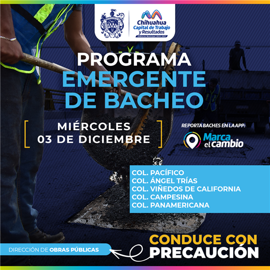 CINCO ZONAS TENDRÁN BACHEO ESTE MIÉRCOLES 3 DE DICIEMBRE: MUNICIPIO