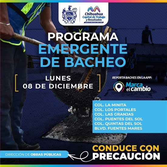 ATENDERÁ MUNICIPIO SEIS ZONAS CON BACHEO ESTE LUNES 8 DE DICIEMBRE