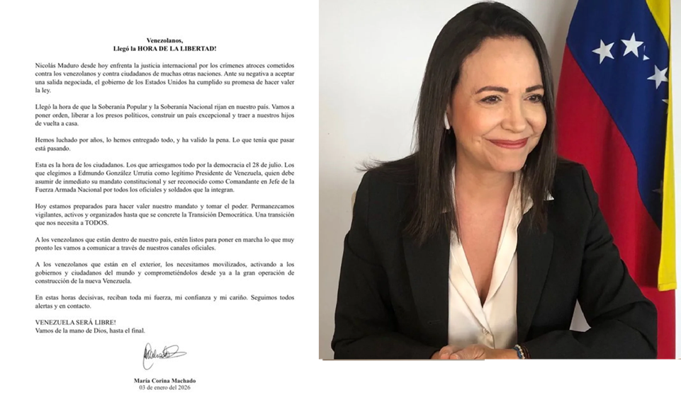 CORINA MACHADO LLAMA A INICIAR LA TRANSICIÓN DEMOCRÁTICA EN VENEZUELA