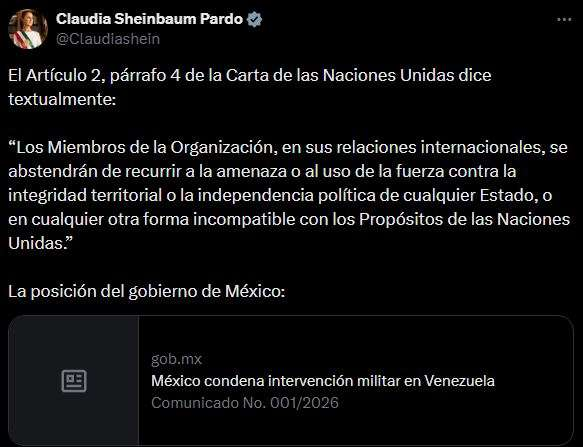 CONDENA SHEINBAUM ACCIONES MILITARES DE ESTADOS UNIDOS EN VENEZUELA