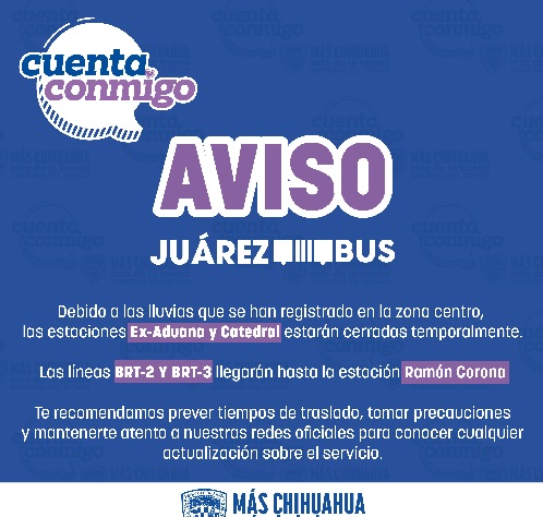 INFORMAN CIERRE TEMPORAL DE ESTACIONES CATEDRAL Y EX ADUANA DEL JUÁREZBUS POR PRECIPITACIONES