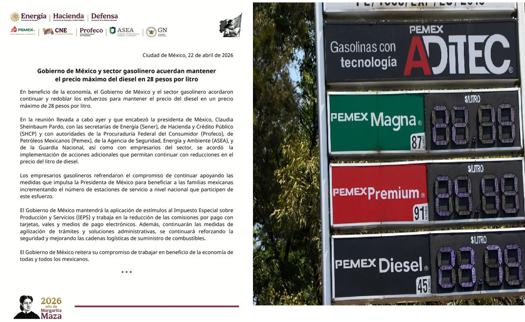 EL GOBIERNO DE MÉXICO Y REPRESENTANTES DEL SECTOR GASOLINERO UN ACUERDO PARA ESTABLECER UN TOPE DE 28 PESOS POR LITRO DE DIÉSEL.