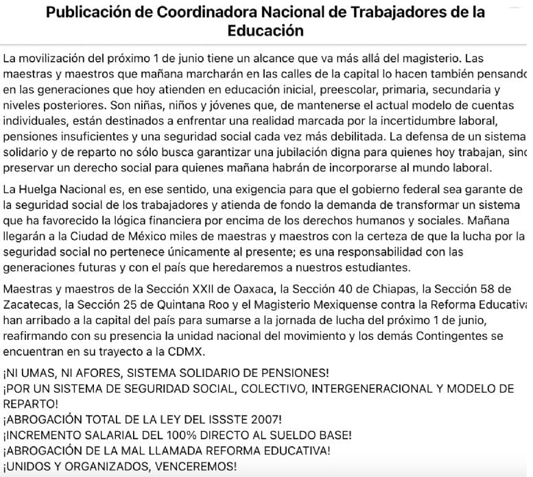 HUELGA NACIONAL DE LA CNTE: COLAPSARÁ ESTE LUNES LA CDMX EN EL MARCO DEL MUNDIAL 2026