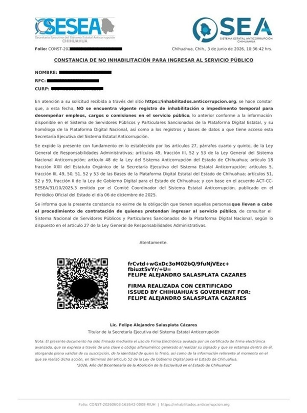A PARTIR DEL 4 DE JUNIO, LA SECRETARÍA EJECUTIVA ANTICORRUPCIÓN EMITIRÁ LAS CONSTANCIAS DE NO INHABILITACIÓN EN CHIHUAHUA