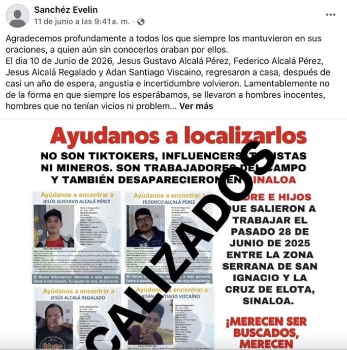 SE CONFIRMÓ EL HALLAZGO DE UN PADRE, SUS DOS HIJOS Y UNA PERSONA MÁS QUE DESAPARECIERON EN 2025 EN EL ESTADO DE SINALOA