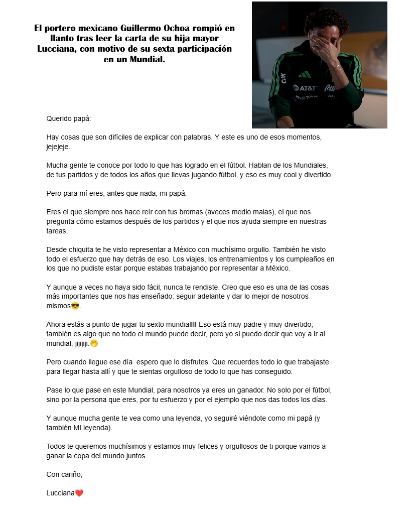 GUILLERMO OCHOA ROMPIÓ EN LLANTO TRAS LEER LA CARTA DE SU HIJA MAYOR LUCCIANA
