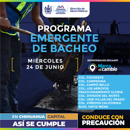  NUEVE ZONAS TENDRÁN BACHEO ESTE MIÉRCOLES 24 DE JUNIO: MUNICIPIO
