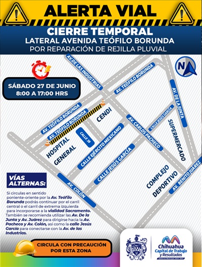 ¡TOMA PRECAUCIONES! HABRÁ CIERRE PARCIAL EN LA LATERAL DE LA AVENIDA TEÓFILO BORUNDA POR REPARACIÓN DE REJILLA PLUVIAL