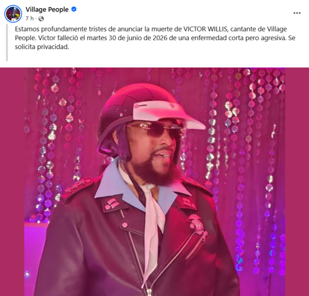 MURIÓ VICTOR WILLIS, EL “POLICÍA” DE VILLAGE PEOPLE