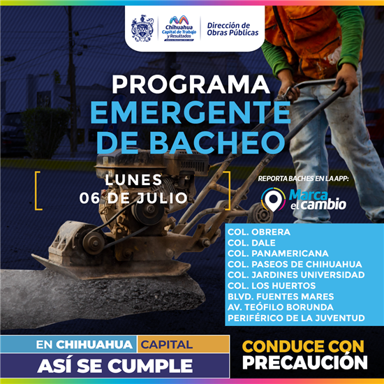 NUEVE ZONAS TENDRÁN BACHEO ESTE LUNES 6 DE JULIO: MUNICIPIO