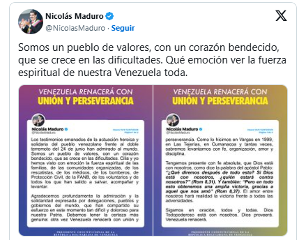  LA CUENTA EN X DE NICOLÁS MADURO, AGRADECIÓ A LOS GOBIERNOS QUE HAN AYUDADO A SU PAÍS LUEGO DE LOS TERREMOTOS.