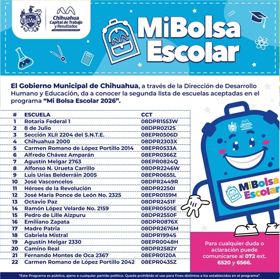 GOBIERNO MUNICIPAL DA A CONOCER LA SEGUNDA LISTA DE ESCUELAS ACEPTADAS EN EL PROGRAMA MI BOLSA ESCOLAR