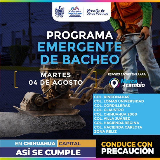 ATENDERÁ MUNICIPIO NUEVE ZONAS CON BACHEO ESTE MARTES 4 DE AGOSTO