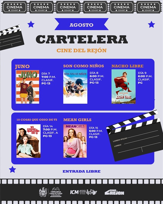 PRESENTA GOBIERNO MUNICIPAL LA CARTELERA DE AGOSTO DEL CINE DEL REJÓN