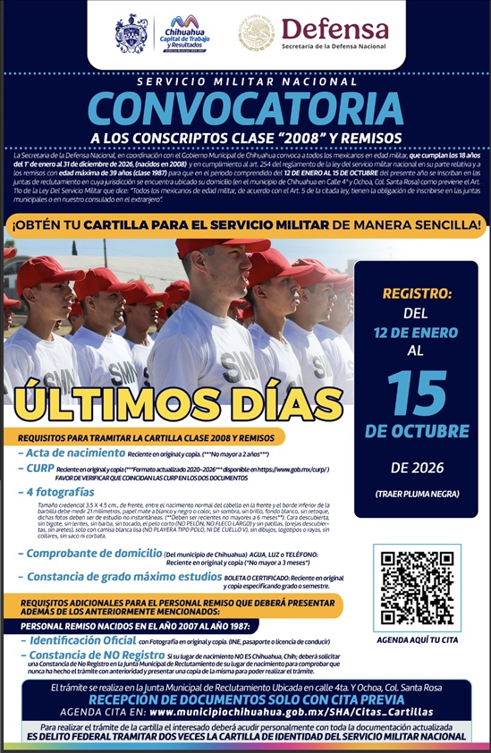 RECUERDA MUNICIPIO A JÓVENES DE LA CLASE 2008 Y REMISOS TRAMITAR SU CARTILLA DEL SERVICIO MILITAR NACIONAL