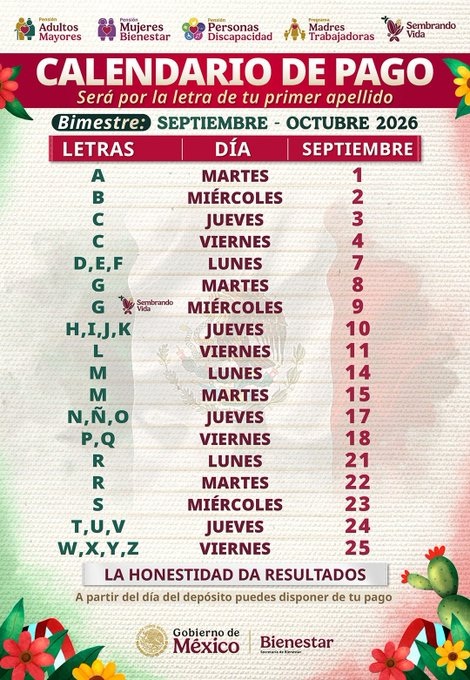 CALENDARIO PENSIÓN DEL BIENESTAR DE SEPTIEMBRE