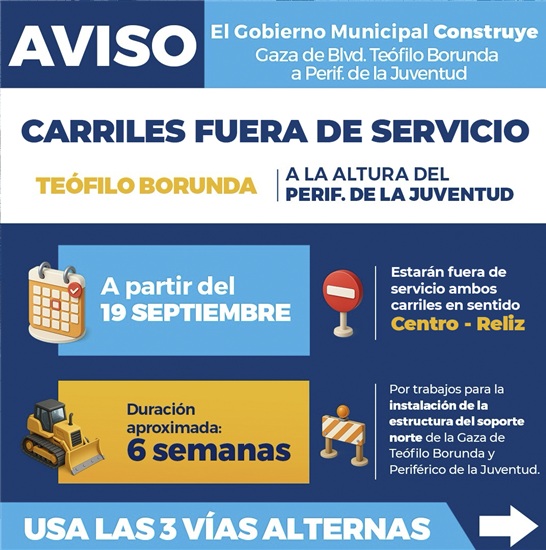 ¡PRECAUCIÓN! CARRILES FUERA DE SERVICIO EN TEÓFILO BORUNDA Y PERIFÉRICO DE LA JUVENTUD SENTIDO CENTRO RELIZ POR OBRAS DE GAZA