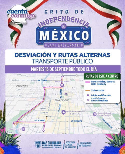 ANUNCIA ESTADO CAMBIOS EN RUTAS DEL SISTEMA DE TRANSPORTE URBANO CON MOTIVO DEL GRITO DE INDEPENDENCIA