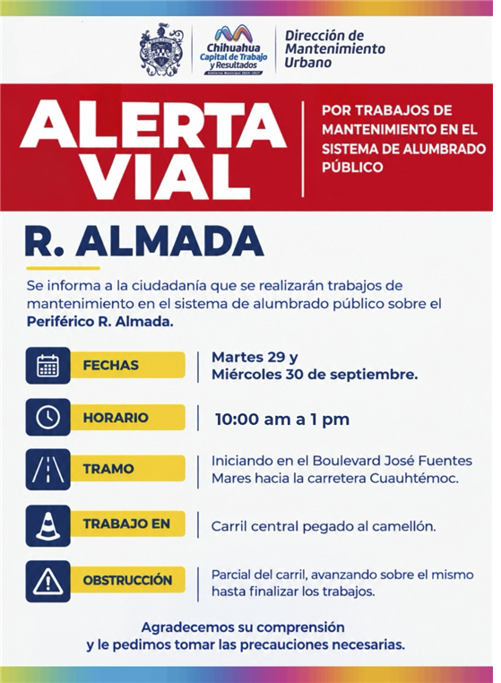  ¡ATENCIÓN! MUNICIPIO DARÁ MANTENIMIENTO AL ALUMBRADO PÚBLICO DEL R. ALMADA