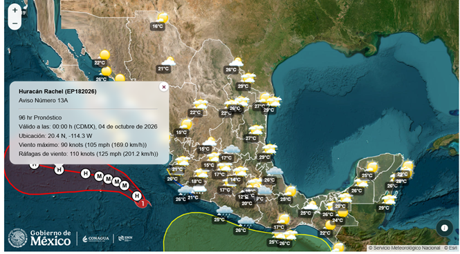 HURACÁN ‘RACHEL’ PROVOCARÁ LLUVIAS INTENSAS Y OLEAJE DE HASTA SEIS METROS EN EL PACÍFICO