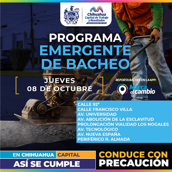 OCHO ZONAS TENDRÁN BACHEO ESTE JUEVES 8 DE OCTUBRE: MUNICIPIO