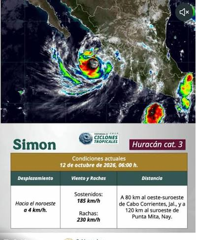 EL HURACÁN ‘SIMON’ SE MANTIENE EN CATEGORÍA 3 Y SE LOCALIZA A 80 KILÓMETROS AL OESTE-SUROESTE DE CABO CORRIENTES (JALISCO)